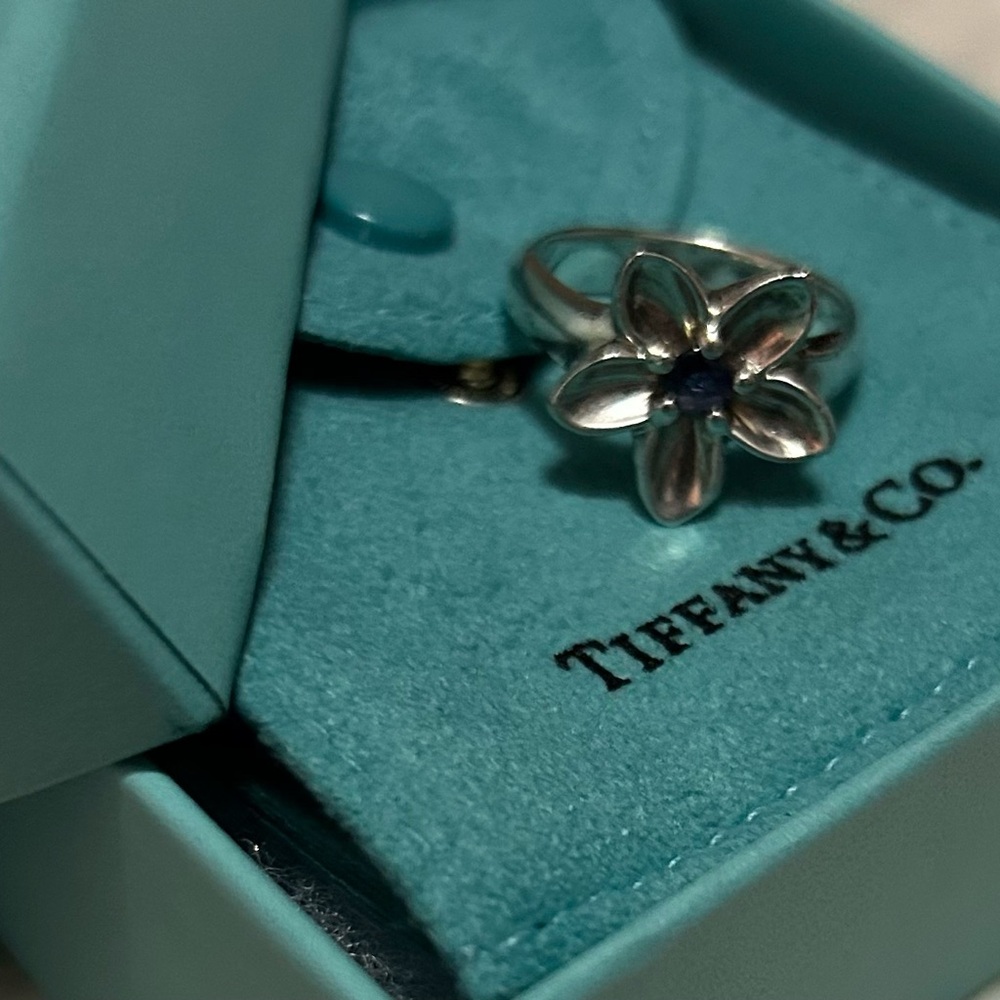 Tiffany & Co. Silver Floral Ring with Blue Accent